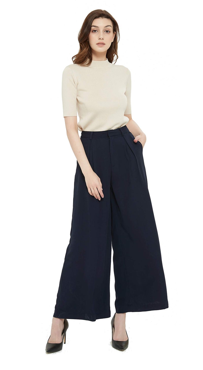 Tronjori Women High Waist Casual Wide Leg Long Palazzo Pants Trousers Regular Size(S,Navy) - Image 3