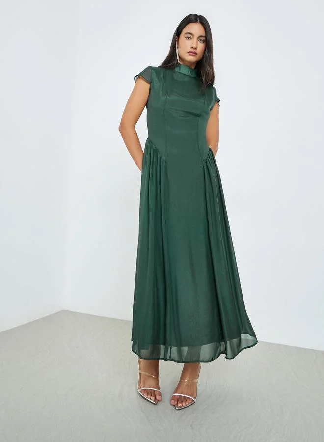 Styli Green Short Sleeves Pleated A-Line Maxi Dress