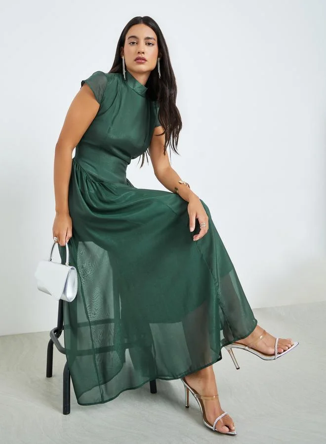Styli Green Short Sleeves Pleated A-Line Maxi Dress