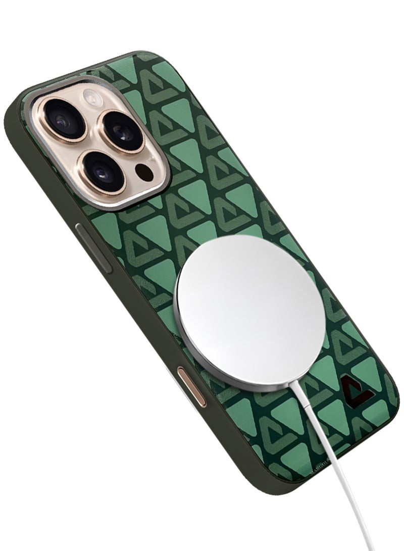 CATANES Hard Leather Case for iPhone 16 Pro, Back Cover Triangle Pattern Shockproof Protective Phone Case - Green - Image 4