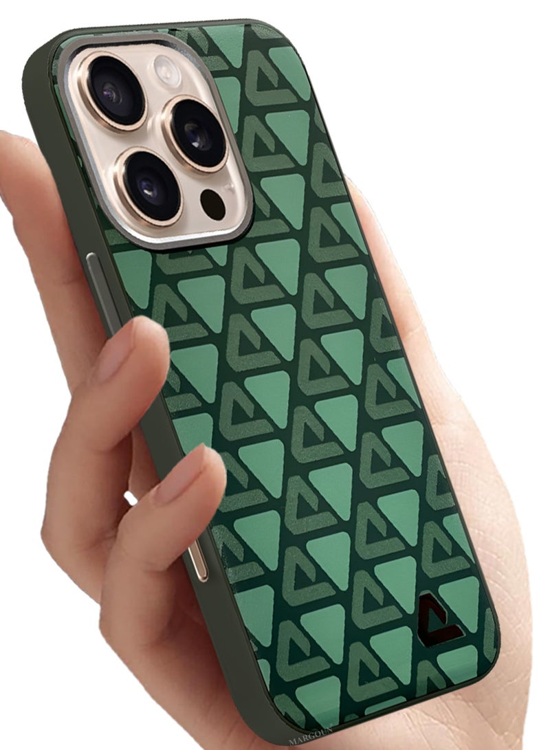 CATANES Hard Leather Case for iPhone 16 Pro, Back Cover Triangle Pattern Shockproof Protective Phone Case - Green - Image 3