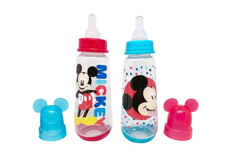 Disney Cudlie Mickey Mouse Baby Boy 2 Pack of 9 Oz Bottles with Removeable Character Molded Lid in Baby Mickey Star Print in Red & Blue - Image 1