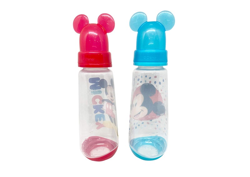 Disney Cudlie Mickey Mouse Baby Boy 2 Pack of 9 Oz Bottles with Removeable Character Molded Lid in Baby Mickey Star Print in Red & Blue - Image 3