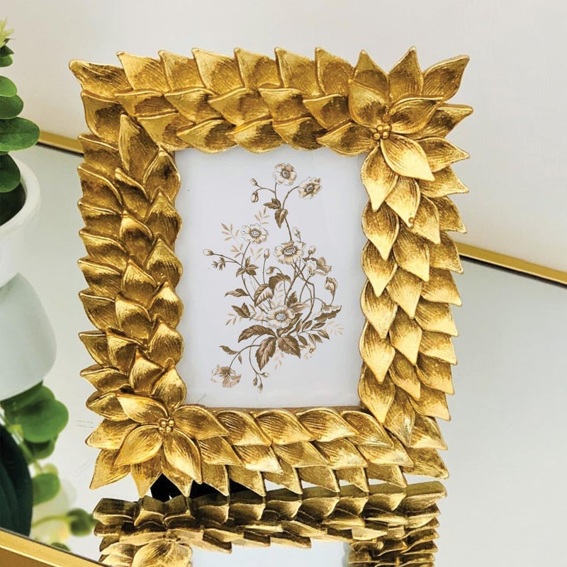 Art Street Art Street Elegant Golden Lotus Leaf Resin Vintage Table Photo Frame 4x6 Inch Photo, Decorative Frames Perfect for Home Decor, Unique Gift Idea, Durable, Birthday, Wedding, Return Gift - Royal Gold  - Image 1