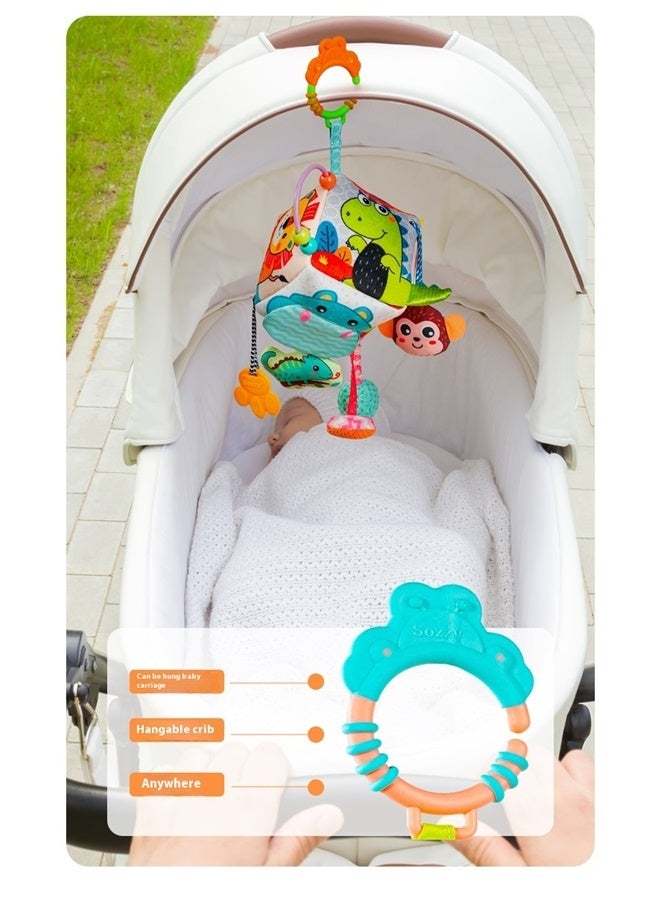 Block Clutch Magic Cube Stuffed Rattle For Stroller，Soft Development Toy, Clacker Rings, Crinkle & Rattle Sounds - Sensory Play, Ages 3 Months +  - Image 4