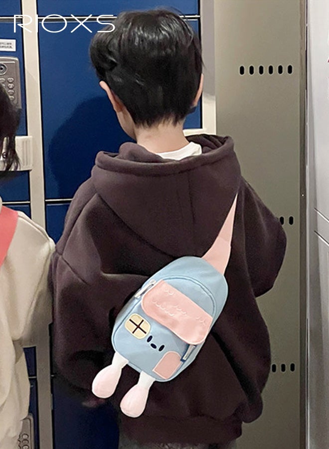 RIOXS Kids Crossbody Sling Bag, Small Fashion Toddlers Waist Bag with Ajustable Strap, Little Childrens Color Block Belt Bags Chest Bag for Travel Sports Running Hiking, Blue and Pink - Image 2