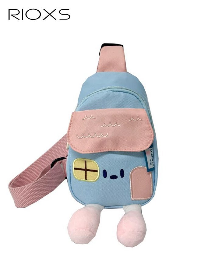 RIOXS Kids Crossbody Sling Bag, Small Fashion Toddlers Waist Bag with Ajustable Strap, Little Childrens Color Block Belt Bags Chest Bag for Travel Sports Running Hiking, Blue and Pink - Image 1