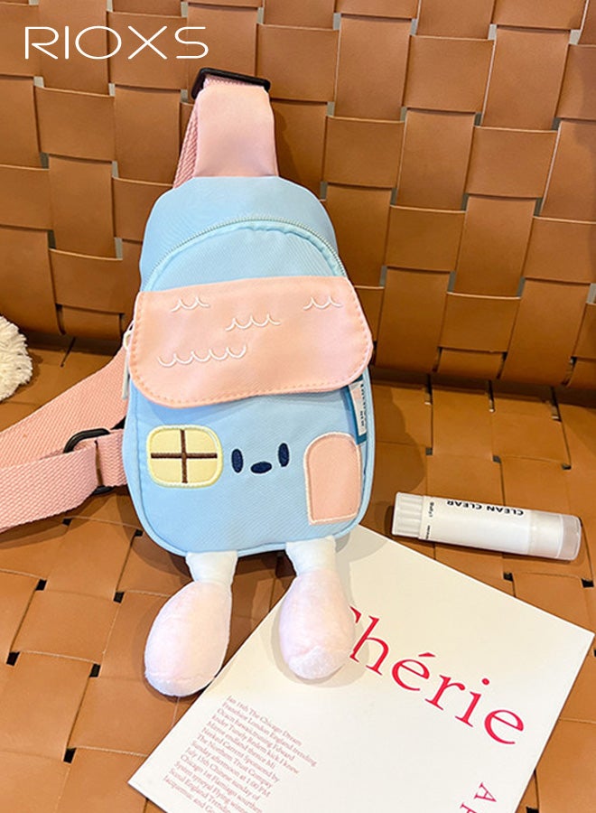 RIOXS Kids Crossbody Sling Bag, Small Fashion Toddlers Waist Bag with Ajustable Strap, Little Childrens Color Block Belt Bags Chest Bag for Travel Sports Running Hiking, Blue and Pink - Image 5