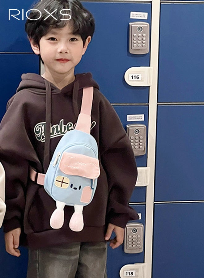 RIOXS Kids Crossbody Sling Bag, Small Fashion Toddlers Waist Bag with Ajustable Strap, Little Childrens Color Block Belt Bags Chest Bag for Travel Sports Running Hiking, Blue and Pink - Image 3