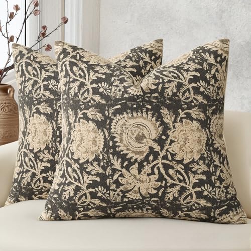 DKwizme Vintage Floral Print Throw Pillow Covers 16x16 Set of 2 Neutral Modern Farmhouse Accent Decorative Cushion Covers Boho Home Decor for Couch Sofa Chair Bed Living Room, Black - Image 1