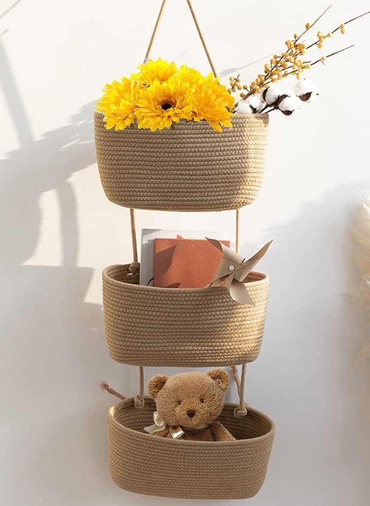 KASTWAVE 3-Tier Woven Cotton Over the Door Hanging Basket, Decorative Wall-Mounted Storage Organizer Bag for Kitchen, Stylish and Functional Jute Baskets  - Image 3