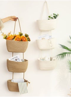 KASTWAVE 3-Tier Woven Cotton Over the Door Hanging Basket, Decorative Wall-Mounted Storage Organizer Bag for Kitchen, Stylish and Functional Jute Baskets  - Image 4
