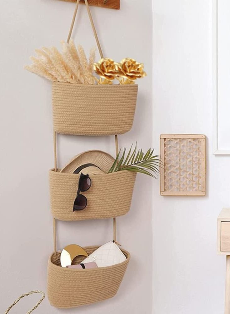 KASTWAVE 3-Tier Woven Cotton Over the Door Hanging Basket, Decorative Wall-Mounted Storage Organizer Bag for Kitchen, Stylish and Functional Jute Baskets  - Image 5