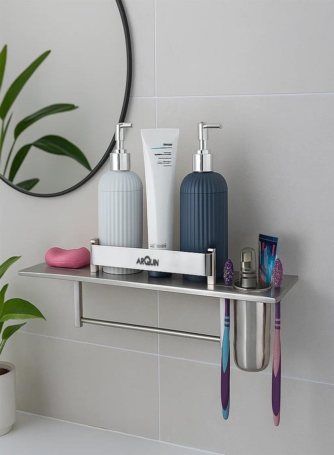 ARQUIN Bathroom Shelf 4 in 1 Bathroom Accessories Set Storage Organizer Wall Mount Shelf 304 Grade Stainless Steel Wall Shelf for Bathroom Multipurpose Shelf/Rack/Towel Hanger Tumbler Holder - Image 1