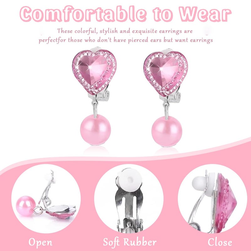 May Create ® 7 Pairs Earinging for Girls Stylish Clip On Earrings for Non Pierced Ears Kids Earrings for Girls Color Resin Crystal Earrings Jewelry Pretend Play Party Favor Dressing Up Jewelry - Image 3