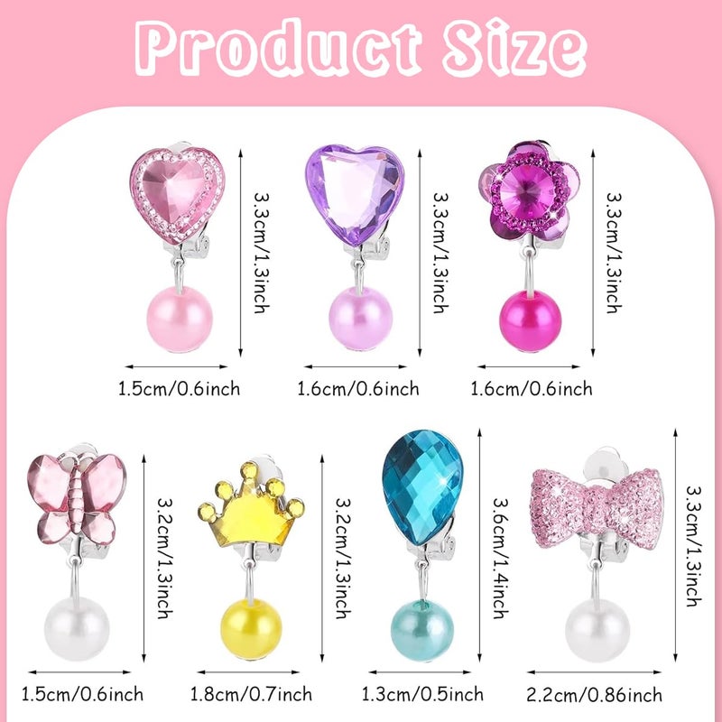 May Create ® 7 Pairs Earinging for Girls Stylish Clip On Earrings for Non Pierced Ears Kids Earrings for Girls Color Resin Crystal Earrings Jewelry Pretend Play Party Favor Dressing Up Jewelry - Image 2