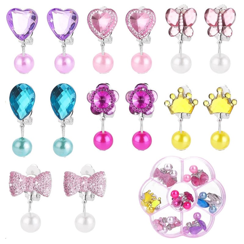May Create ® 7 Pairs Earinging for Girls Stylish Clip On Earrings for Non Pierced Ears Kids Earrings for Girls Color Resin Crystal Earrings Jewelry Pretend Play Party Favor Dressing Up Jewelry - Image 1