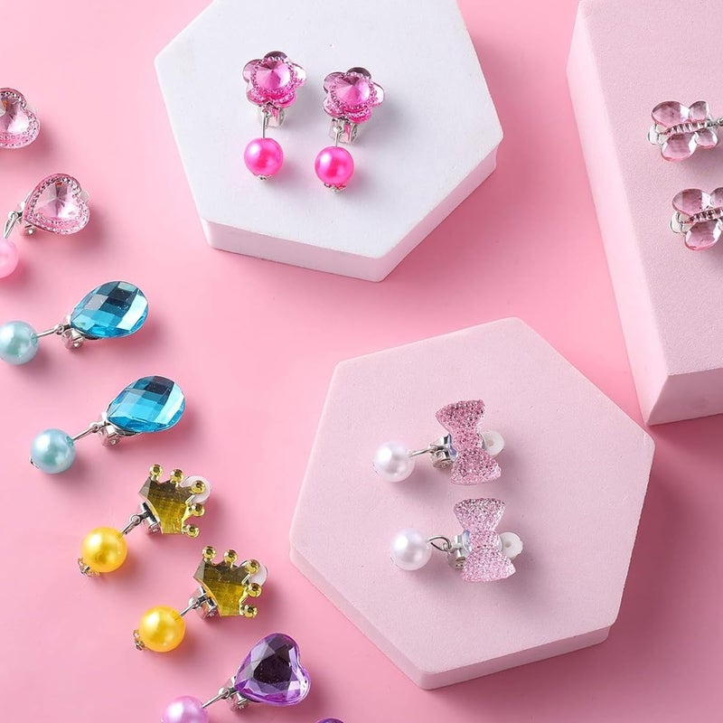 May Create ® 7 Pairs Earinging for Girls Stylish Clip On Earrings for Non Pierced Ears Kids Earrings for Girls Color Resin Crystal Earrings Jewelry Pretend Play Party Favor Dressing Up Jewelry - Image 5