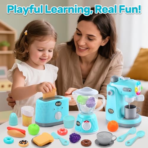 CUTE STONE Kids Kitchen Playset Toy Kitchen Appliance Sets with Working Coffee Maker Blender Toaster Realistic Sounds Light Includes Kids Kitchen Accessories Play Food for Boys Girls - Image 5