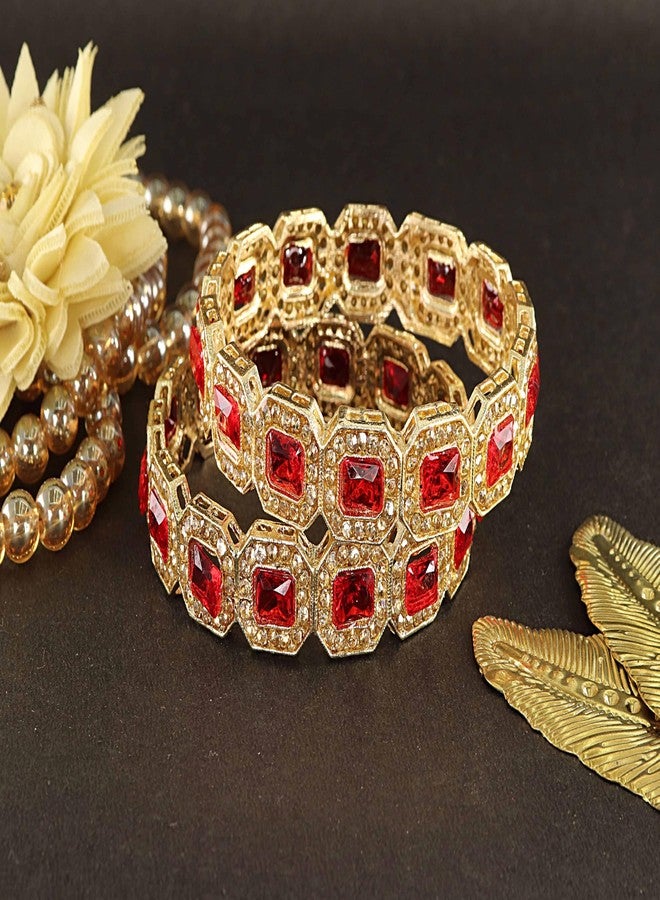 LAVAZZA Emerald Amercian Diamond Metal Bangles Set Kada For Women & Girls with Gold Zircon Gemstones | AD Bangles | White Stone Bangles AD-(LV_RKM41-Red-2.8) - Image 4