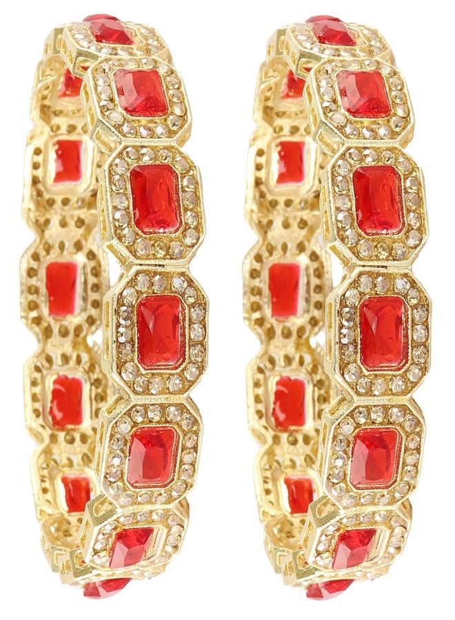 LAVAZZA Emerald Amercian Diamond Metal Bangles Set Kada For Women & Girls with Gold Zircon Gemstones | AD Bangles | White Stone Bangles AD-(LV_RKM41-Red-2.8) - Image 5