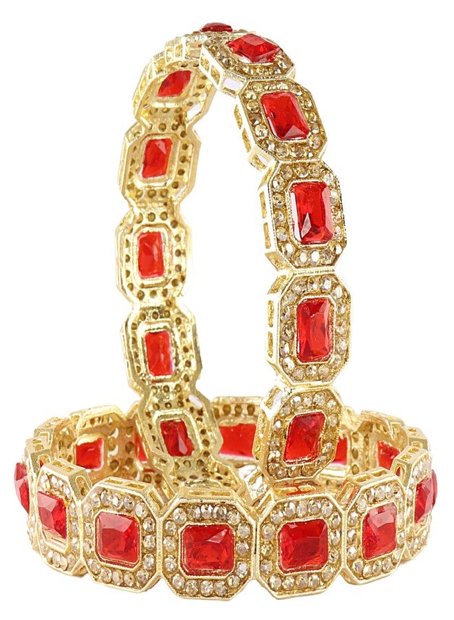 LAVAZZA Emerald Amercian Diamond Metal Bangles Set Kada For Women & Girls with Gold Zircon Gemstones | AD Bangles | White Stone Bangles AD-(LV_RKM41-Red-2.8) - Image 1