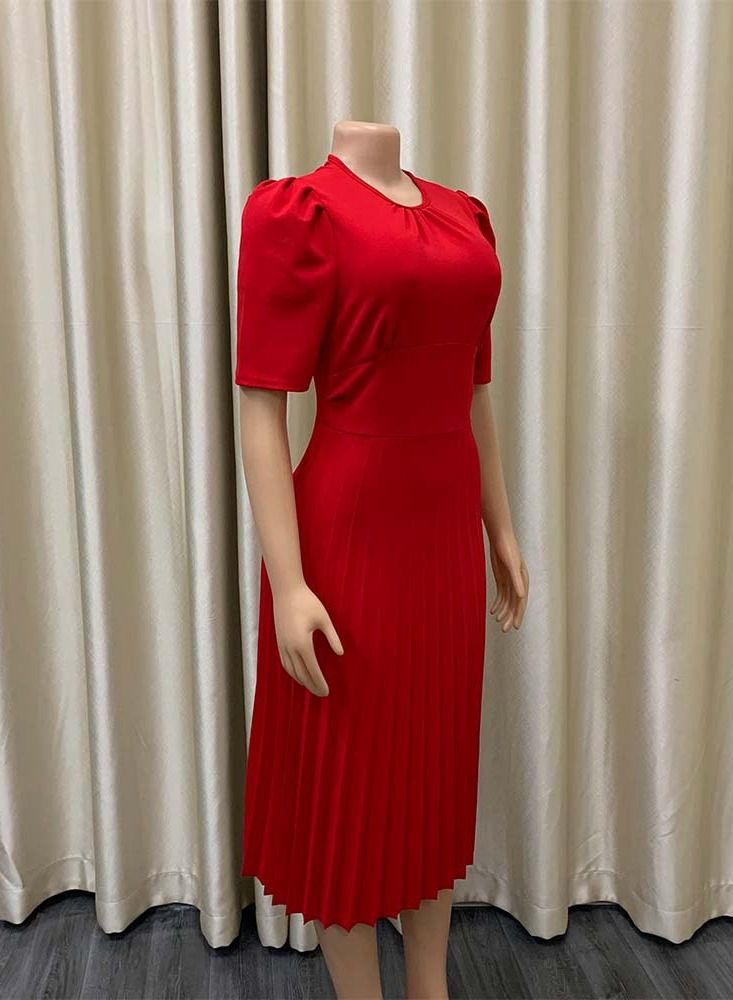 Loquat Women's Large Short Sleeve Pleated Solid Color Dress Red  - Image 3