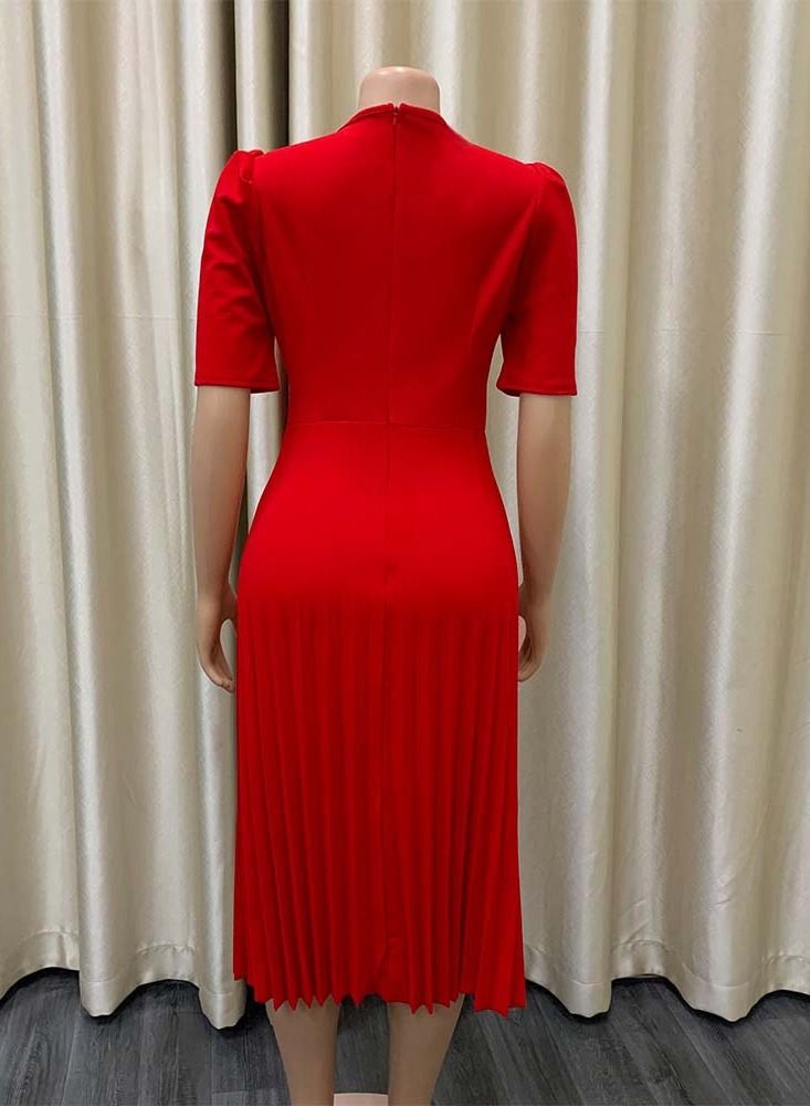Loquat Women's Large Short Sleeve Pleated Solid Color Dress Red  - Image 2