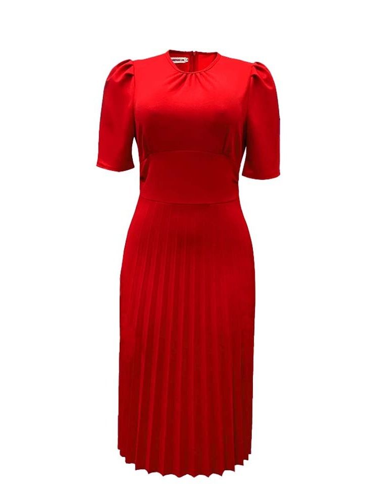 Loquat Women's Large Short Sleeve Pleated Solid Color Dress Red  - Image 1