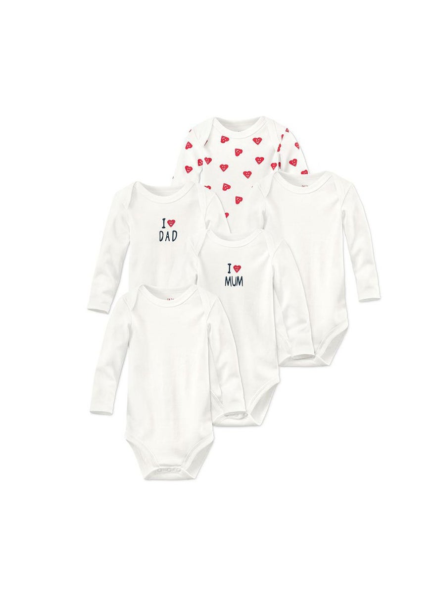 Tchibo Toddler Unisex 5 Pcs Organic Cotton Long Sleeve Graphic Bodysuits, White  - Image 2