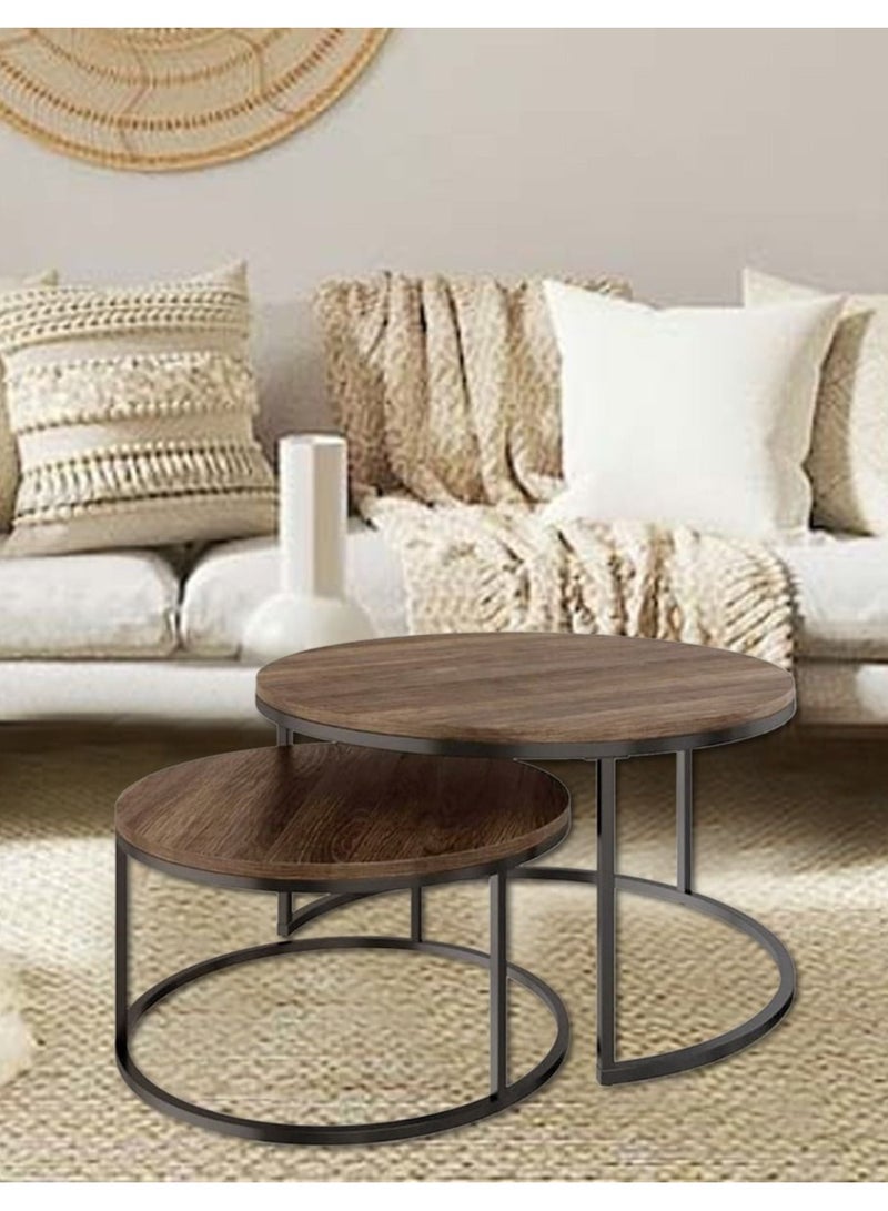 إكسبرت طقم طاولات قهوة مستديرة مكون من قطعتين طاولة متداخلة وطاولة قهوة دائرية  لغرفة المعيشة وأثاث عصري بأسلوب بسيط  وطاولة جانبية جانبي - Image 1