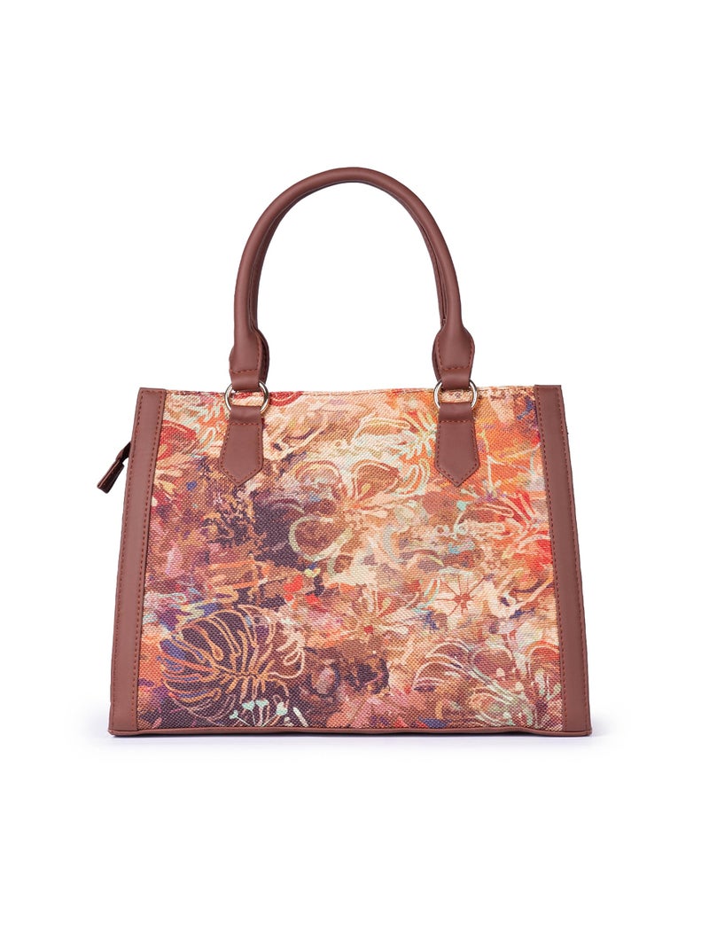 ZOUK FloLov Abstract Printed Jute Handcrafted Vegan Leather Multicolor Women's Satchel Bag | Ladies Purse Handbag | Double Handle Detachable Strap - Image 4
