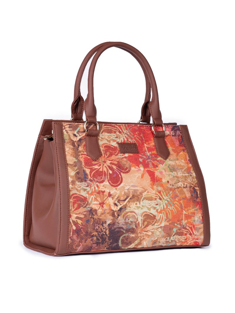 ZOUK FloLov Abstract Printed Jute Handcrafted Vegan Leather Multicolor Women's Satchel Bag | Ladies Purse Handbag | Double Handle Detachable Strap - Image 3