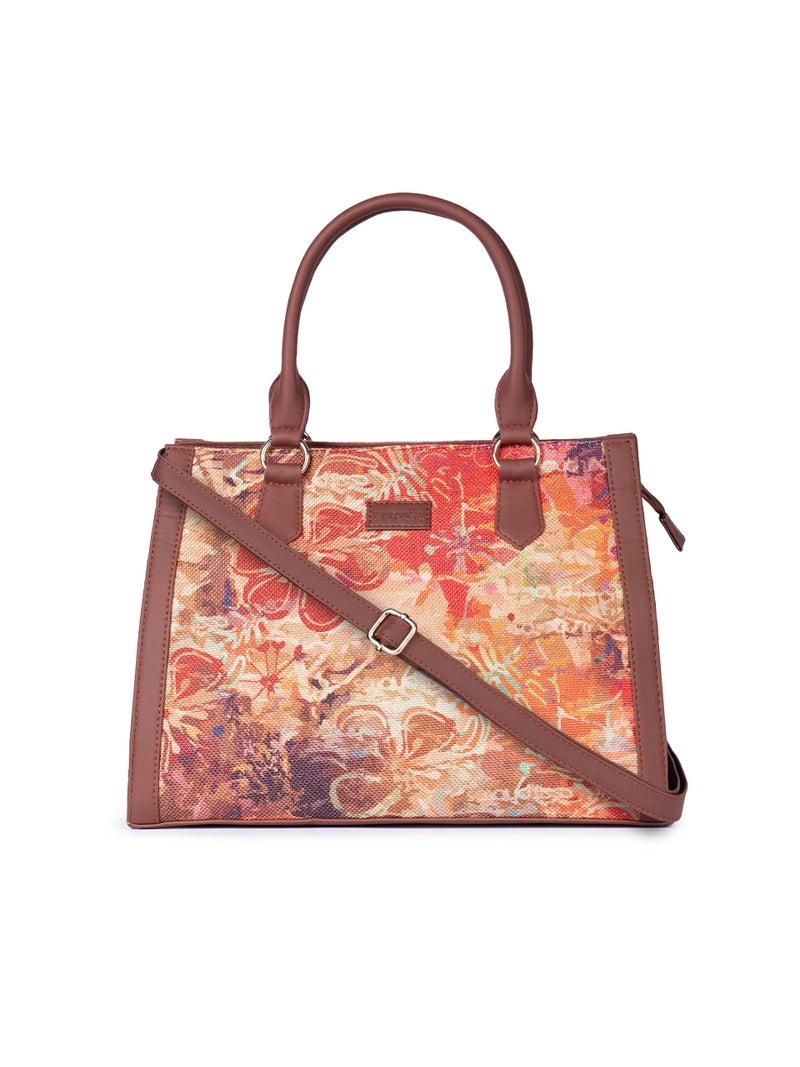 ZOUK FloLov Abstract Printed Jute Handcrafted Vegan Leather Multicolor Women's Satchel Bag | Ladies Purse Handbag | Double Handle Detachable Strap - Image 1