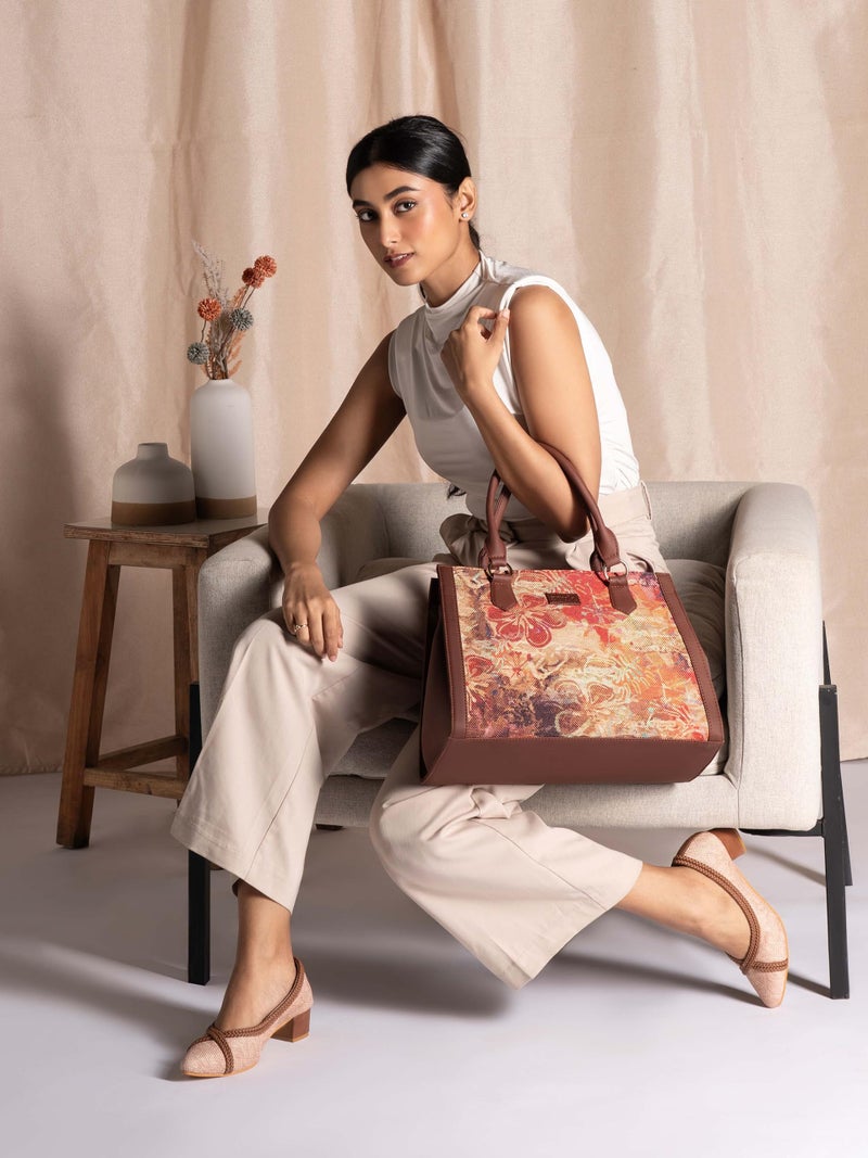 ZOUK FloLov Abstract Printed Jute Handcrafted Vegan Leather Multicolor Women's Satchel Bag | Ladies Purse Handbag | Double Handle Detachable Strap - Image 2