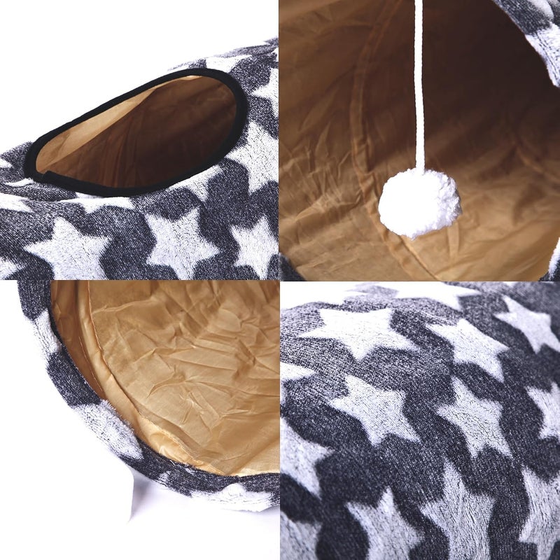 LUCKITTY Cat Tunnel -Straight-Shaped, Gray Star Pattern, Soft Velvet Exterior, Oxford Fabric Fog-Proof Interior, Plush Toy Ball, Easily Washable, Conveniently Foldable, 47.2in/120cm - Image 5