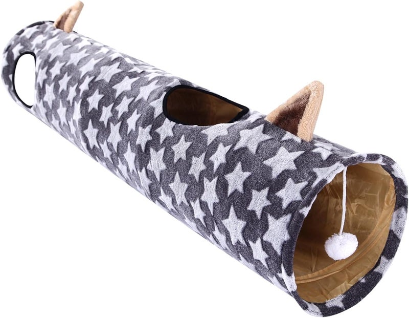 LUCKITTY Cat Tunnel -Straight-Shaped, Gray Star Pattern, Soft Velvet Exterior, Oxford Fabric Fog-Proof Interior, Plush Toy Ball, Easily Washable, Conveniently Foldable, 47.2in/120cm - Image 3