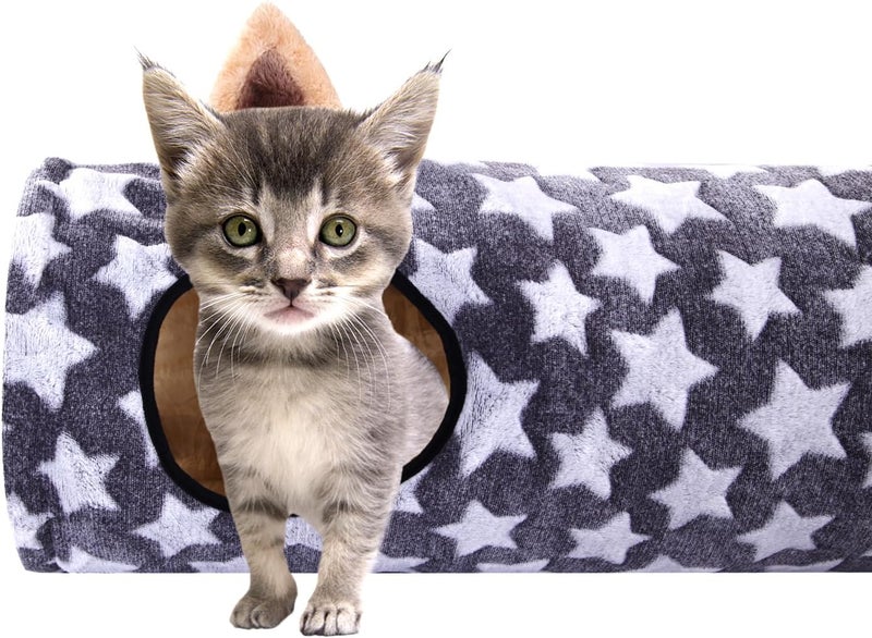 LUCKITTY Cat Tunnel -Straight-Shaped, Gray Star Pattern, Soft Velvet Exterior, Oxford Fabric Fog-Proof Interior, Plush Toy Ball, Easily Washable, Conveniently Foldable, 47.2in/120cm - Image 4