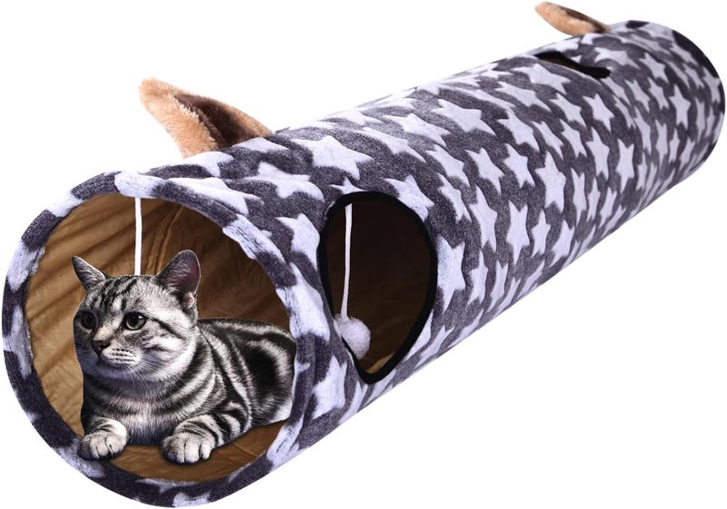 LUCKITTY Cat Tunnel -Straight-Shaped, Gray Star Pattern, Soft Velvet Exterior, Oxford Fabric Fog-Proof Interior, Plush Toy Ball, Easily Washable, Conveniently Foldable, 47.2in/120cm - Image 1