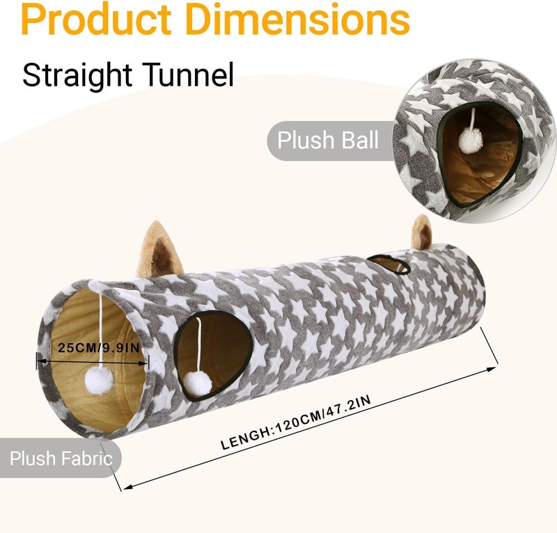 LUCKITTY Cat Tunnel -Straight-Shaped, Gray Star Pattern, Soft Velvet Exterior, Oxford Fabric Fog-Proof Interior, Plush Toy Ball, Easily Washable, Conveniently Foldable, 47.2in/120cm - Image 2