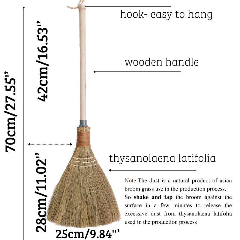 BMart Home Natural Whisk Sweeping Hand Handle Broom - Vietnamese Straw Soft Broom for Cleaning Dustpan Indoor - Outdoor - Decorative Brooms - Wooden Handle - 9.84'' Width, 27.55" Length - Image 2