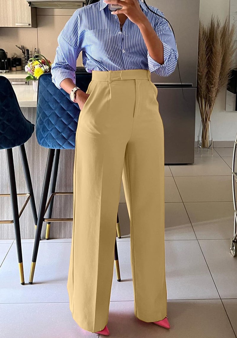 Unybwonn Women High Waist Dress Pants Straight Wide Leg Business Work Office Trousers Loose Casual Yellow, X-Large - Image 3