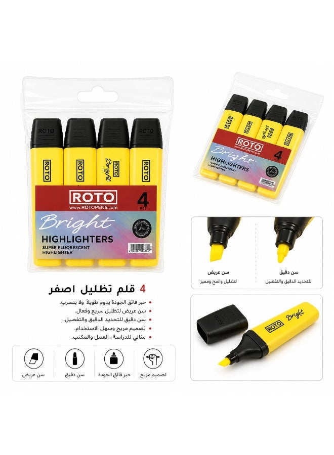 روتو طقم روتو هايلايتر - قلم تهشير وتظليل - 4 اقلام من اللون الأصفر الفسفوري - Image 1
