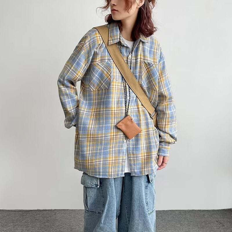 Retro Colorblock Plaid Shirt Unisex Casual Oversized Coat 393 yellow  - Image 1