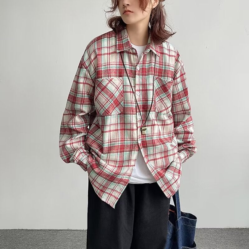 Retro Colorblock Plaid Shirt Unisex Casual Oversized Coat 393 yellow  - Image 3