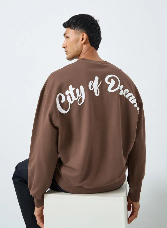 Styli Men Brown Graphic Print Oversized Sweatshirt
