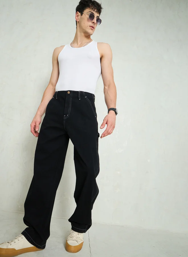 SASSAFRAS Men Black Mid Rise Contrast Thread Detail Wide Leg Jeans