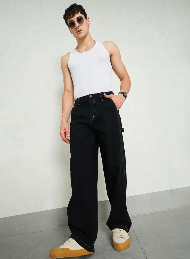 ساسافراس Sassafras Men Black Mid Rise Contrast Thread Detail Wide Leg Jeans