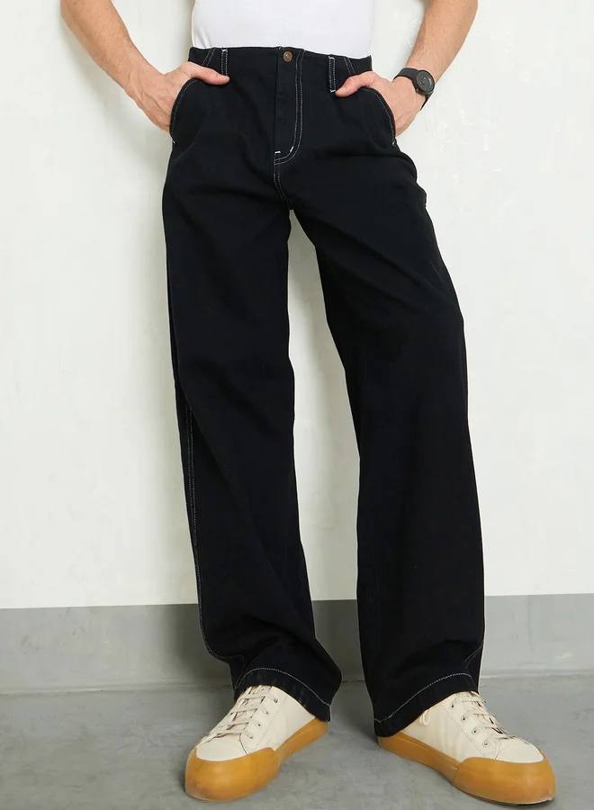 SASSAFRAS Men Black Mid Rise Contrast Thread Detail Wide Leg Jeans