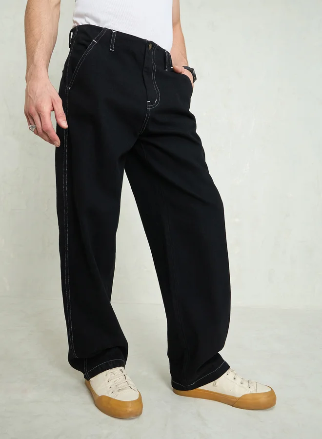 SASSAFRAS Men Black Mid Rise Contrast Thread Detail Wide Leg Jeans